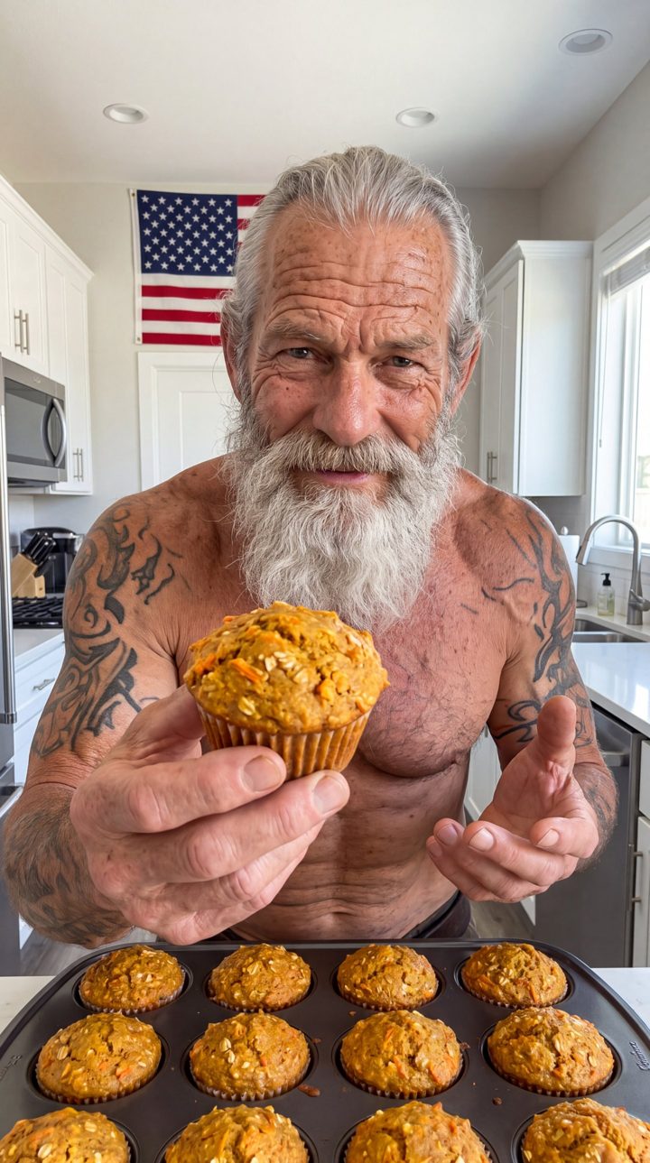 The old warrior holding a carrot oat muffin