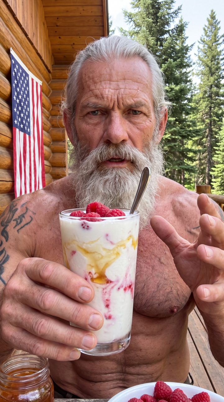 The old warrior holding a glass of yogurt with raspberries and honey